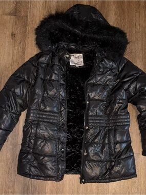 Justice Black Faux Fur-Trim Puffer Coat with Hood
